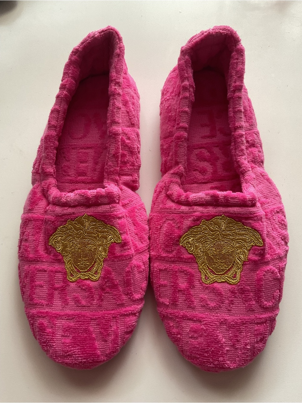 Versace Hot Pink Terry Medusa Embroidered Slippers